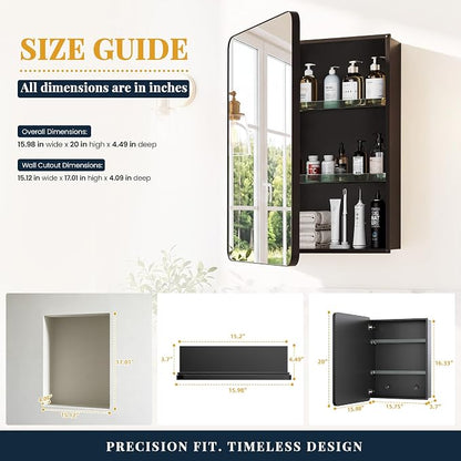 16x20 Medicine Cabinet with Mirror, Black Aluminum, Pre-Assembled | Bathroom mirror with storage, 3 adjustable acrylic shelves, Tempered Glass Mirror
