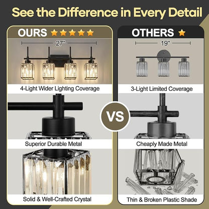 Torondo Modern Crystal Bathroom Vanity Light 4-Lights Matte Black Bathroom Light Fixtures Over Mirror Matte Black Vanity Lighting Fixtures Square Shade Brass Wall Sconce (Bulbs Not Include)