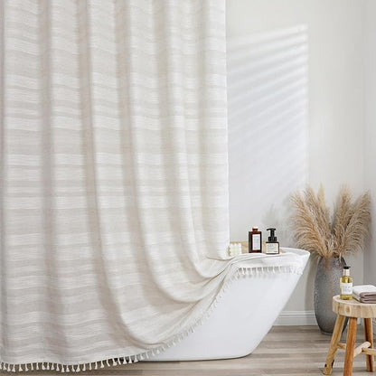 Extra Long Linen Shower Curtain 96 Inch Long, Boho Chic Textured Soft Fabric Heavy Duty Cloth Bathroom Shower Curtain with Tassel, Tall Farmhouse Luxury Bath Decor, 72Wx96L Inches