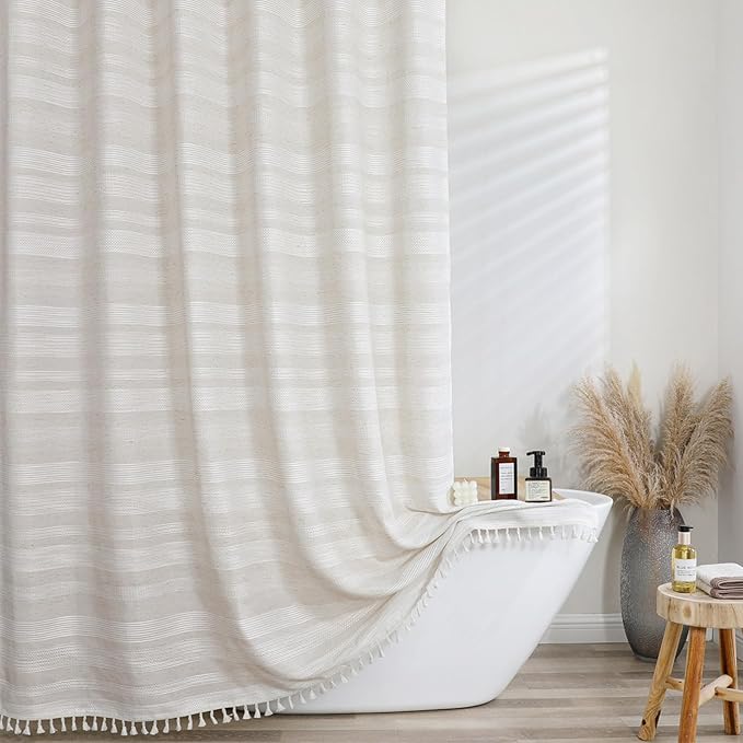 Linen Shower Curtain 78 Inch Long, Boho Farmhouse Thick Striped Fabric Hotel Shower Curtain with Tassel, Minimalist Textured Weighted Machine Washable Bathroom Decor, 72Wx78L Inches