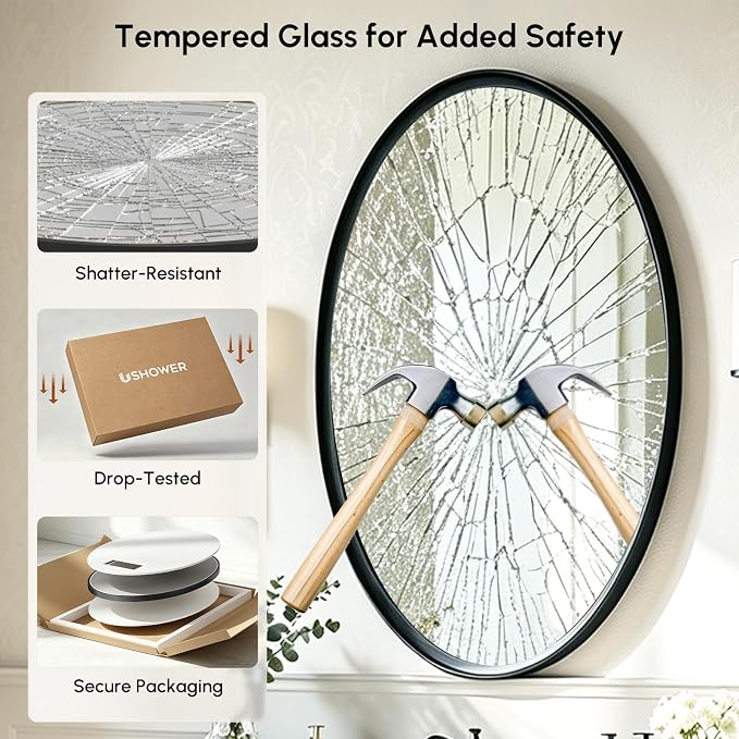 Black Oval Bathroom Mirror 24x36 Inch | Vanity Wall Mirror, Crystal-Clear HD Glass, Rust-Proof Aluminum Frame, Inner-Curved Decor for Bedroom, Entryway Renovation