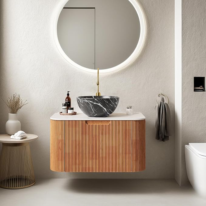 24" Floating Bathroom Vanity with Sink, Modern Bathroom Cabinet with Ultra-Thin Marble Ceramic Basin and Top, Extra Large Storage Drawer, Soft-Close Design, Nature Wood with Black