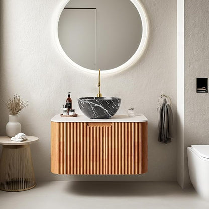 24" Floating Bathroom Vanity with Sink, Modern Bathroom Cabinet with Ultra-Thin Marble Ceramic Basin and Top, Extra Large Storage Drawer, Soft-Close Design, Nature Wood with Black