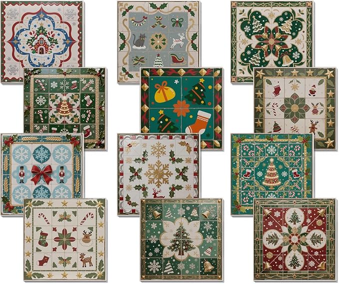 Easy Peel Stick wall Tile Stickers 6x6in Stick on backsplash Tiles,12Pcs | removable 3D tile for kitchen RV bathroom laundry backsplash decor,Ultra-high-definition printed christmas pattern