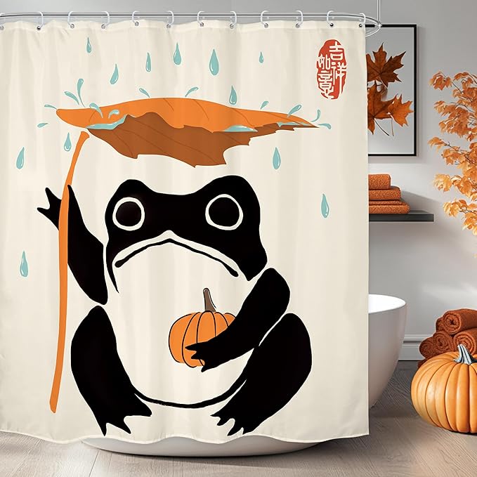 LGhtyro Funny Frog Shower Curtain Bathroom Set 60Wx71H Inches Pumpkin Asian Traditional Art Japanese Cute Animal Taking Maple Leaves Rain Bath Accessories Lovely Art Home Decor Fabric 12 Pack Hooks