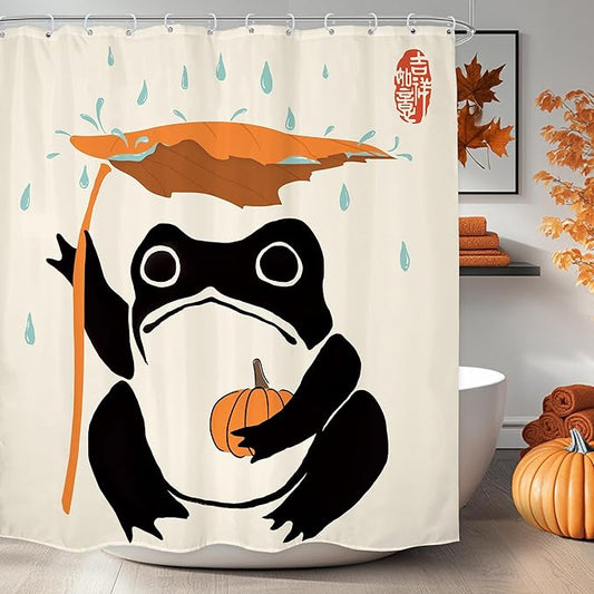 LGhtyro Funny Frog Shower Curtain Bathroom Set 60Wx71H Inches Pumpkin Asian Traditional Art Japanese Cute Animal Taking Maple Leaves Rain Bath Accessories Lovely Art Home Decor Fabric 12 Pack Hooks