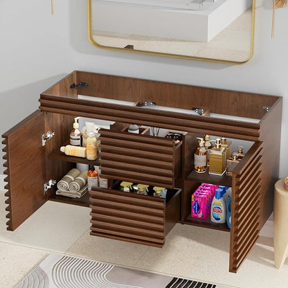 ROOMTEC 48" Bathroom Vanity, Mid-Century Wall Mounted Floating Cabinet with 2 Closing Doors, Wood Grain Texture, Walnut (Sink Basin Not Included)