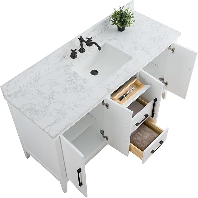 HomeBeyond 60 Inch Bathroom Vanity with Sink & Ceramic Top, Single Vanity Cabinet with Basin, Soft-Closing Doors & Matte Black Hardware, White