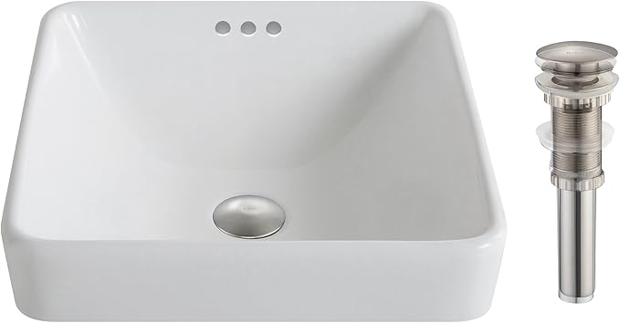 Kraus KCR-281-BN Modern Elavo Ceramic Square Semi-Recessed Bathroom Sink with Overflow and Pop Up Drain, Brushed Nickel/White 16.25