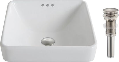 Kraus KCR-281-BN Modern Elavo Ceramic Square Semi-Recessed Bathroom Sink with Overflow and Pop Up Drain, Brushed Nickel/White 16.25