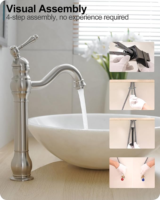 Single Handle Bathroom Faucet Brushed Nickel, Brass Vessel Sink Faucet 360 Degree Swivel Tall Bathroom Sink Faucet 1 Hole, Bathroom Faucets with Pop-up Drain & Aerator for Hotels Modern No Noise