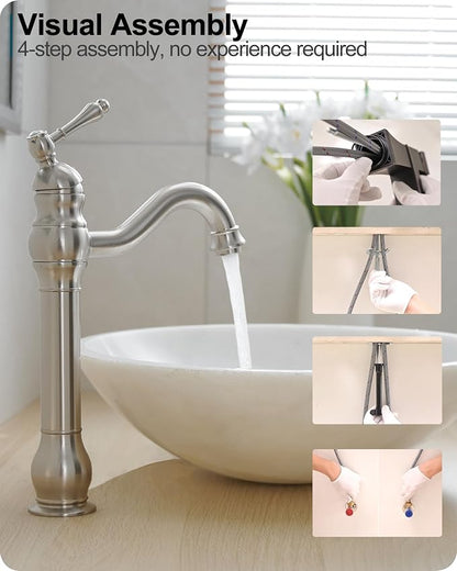 Single Handle Bathroom Faucet Brushed Nickel, Brass Vessel Sink Faucet 360 Degree Swivel Tall Bathroom Sink Faucet 1 Hole, Bathroom Faucets with Pop-up Drain & Aerator for Hotels Modern No Noise