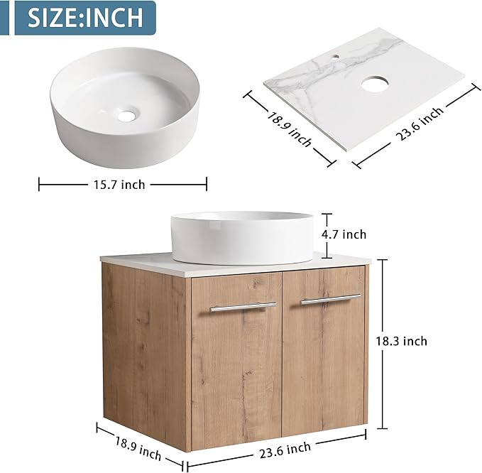 24" Floating Vanity with Sink, 24 Inch Bathroom Vanity with Sink, Modern Plywood Floating Cabinet with Sintered Stone Countertop and White Ceramic Basin, Soft Close Doors