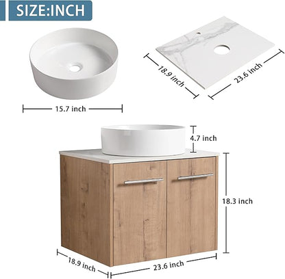 24" Floating Vanity with Sink, 24 Inch Bathroom Vanity with Sink, Modern Plywood Floating Cabinet with Sintered Stone Countertop and White Ceramic Basin, Soft Close Doors