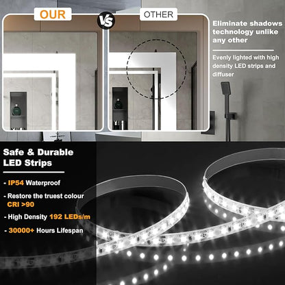 Ratsamee 40x36 Inch LED Bathroom Mirror with Frontlit & Backlit, Lighted Mirror for Bathroom Wall with 3-Color Dimmable & Anti-Fog, Vanity Mirror with Lights