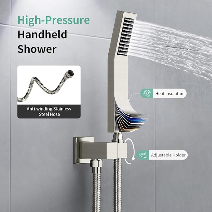 SR SUSR SUN RISE Shower System with Push Button Diverter, Ceiling Mounted Luxury 10 Inch Rain Shower Head with Handheld Spray, High Pressure Shower Faucet Combo Set with Rough-in Valve, Brushed Nickel
