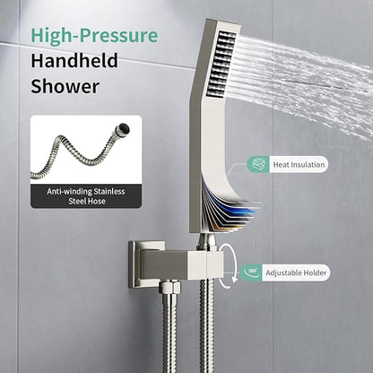 SR SUSR SUN RISE Shower System with Push Button Diverter, Ceiling Mounted Luxury 10 Inch Rain Shower Head with Handheld Spray, High Pressure Shower Faucet Combo Set with Rough-in Valve, Brushed Nickel