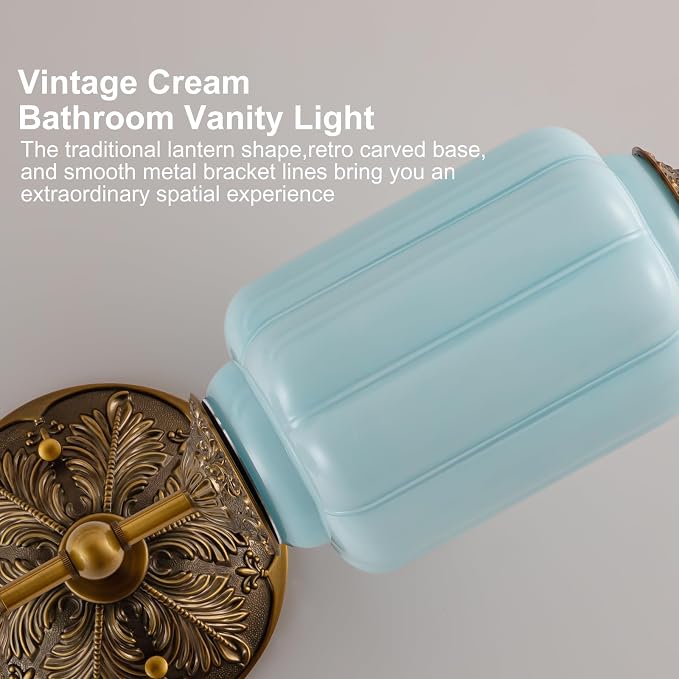 Vintage Milk Glass Bathroom Vanity Light, 2-Light Vintage Wall Sconce with Antique Brass Finish Base & Mint Blue Glass Shad, Wall Sconce Lighting for Mirror, Living Room, Gallery (Bulbs Included)