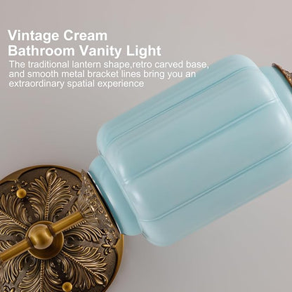 Vintage Milk Glass Bathroom Vanity Light, 2-Light Vintage Wall Sconce with Antique Brass Finish Base & Mint Blue Glass Shad, Wall Sconce Lighting for Mirror, Living Room, Gallery (Bulbs Included)