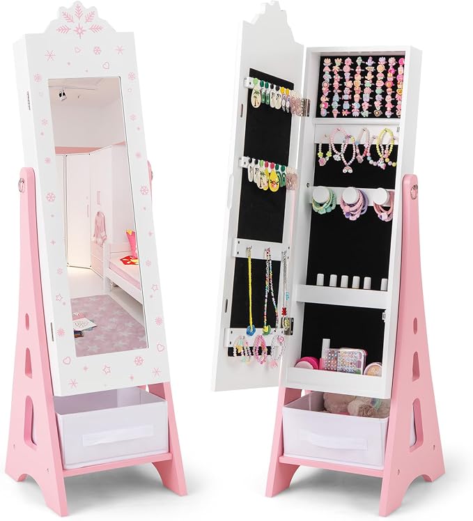 CHARMAID Kids Mirror Jewelry Cabinet - Standing Full Length Mirror with Jewelry Storage, Ring Earring Necklace Jewelry Organizer Box, Kids Vanity Dressing Mirror Jewelry Armoire for Girls (White)