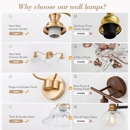 Gold Bathroom Light Fixtures Over Mirror, 3 Light Vintage Bathroom Vanity Light Fixture with Clear Flower Glass Shades, Retro Brass Vanity Lights for Bathroom, Bathroom Vanity Lights Over Mirror