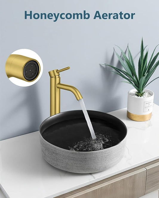 Aolemi Vessel Sink Faucet – SUS304 Stainless Steel Tall Bathroom Faucet,Single Lever Handle,1 Hole Bathroom Faucets with Supply Lines and Pop Up Drain,Gold