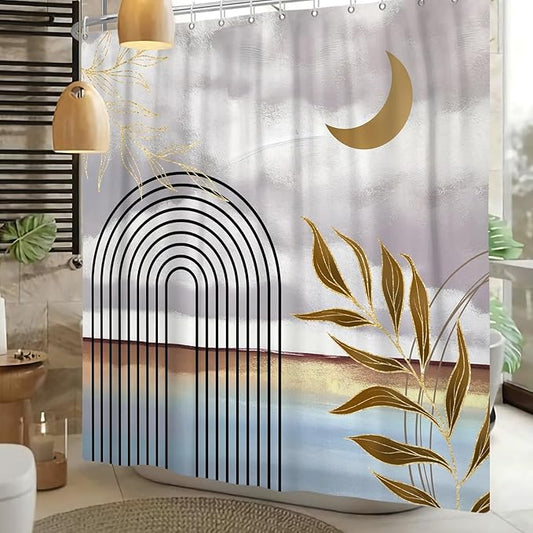 Mid Century Boho Shower Curtain Abstract Modern Minimalist Geometric Arch Bathroom Curtain Gold Leaves Aesthetic Waterproof Bath Decor Polyester Fabric with Hooks 60x72 inch