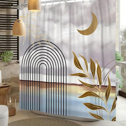 Mid Century Boho Shower Curtain Abstract Modern Minimalist Geometric Arch Bathroom Curtain Gold Leaves Aesthetic Waterproof Bath Decor Polyester Fabric with Hooks 72x72 inch