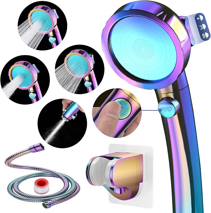 HANLIAN On/Off High Pressure Handheld Shower Head for RV Camper | 3 Spray Modes Shower Head with Pause Button, Water Saving Shower Head with Hose and Self-adhesive Holder(Radiant Rainbow)