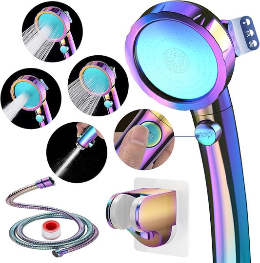 HANLIAN On/Off High Pressure Handheld Shower Head for RV Camper | 3 Spray Modes Shower Head with Pause Button, Water Saving Shower Head with Hose and Self-adhesive Holder(Radiant Rainbow)