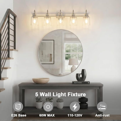 5 Lights Bathroom Light Fixtures Brushed Nickel Vanity Lights | ETL Certificate, Easy to Install,Wall Mount Up or Down,Thickened Glass Lampshade,E26 Socket,Hardwired