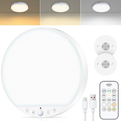 Rechargeable 6W Motion Sensor Ceiling Light Indoor, No Wiring & Magnetic Stick-On, Remote Control for Color & Brightness, Battery Operated Light for Shower, Closet, Bathroom, Pantry, Hallway, 1-Pack