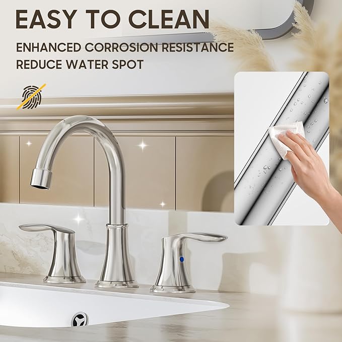 Phiestina Widespread 8 Inch 3 Holes Bathroom Faucet，2 Handles Chrome Modern Bathroom Sink Faucet with Metal Pop-Up Drain & Water Supply Lines, WFTY36-C