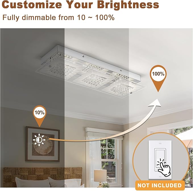Crystal Ceiling Light Flush Mount 18 Inch Rectangular Crystal Ceiling Light Fxiture LED 4000K Dimmable Ceiling Mounted Light for Kitchen, Hallway, Bedroom, Foyer, 18W