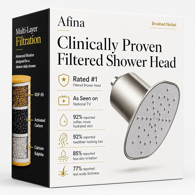 Afina Filtered Shower Head, High Pressure Rainfall (Brushed Nickel) | KDF-55 Shower Filter & Water Filter Showerhead for Hard Water, Reduces Chlorine for Softer Skin & Hair