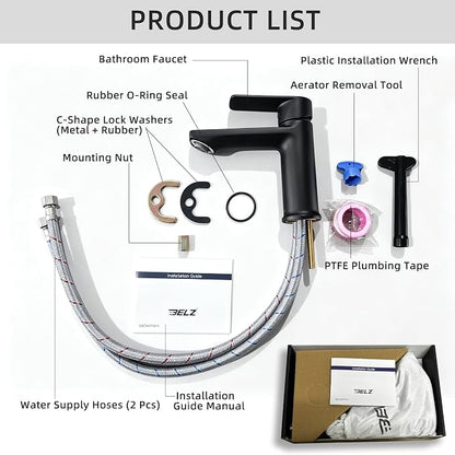 BELZ Black Bathroom Faucet, Lead-Free Single Hole Sink Faucet for Vanity | NSF372 Certified, Anti-peeling PVD Black Finish, Water-saving & Anti-splash, Single Handle Modern Design with Hot/Cold Hoses