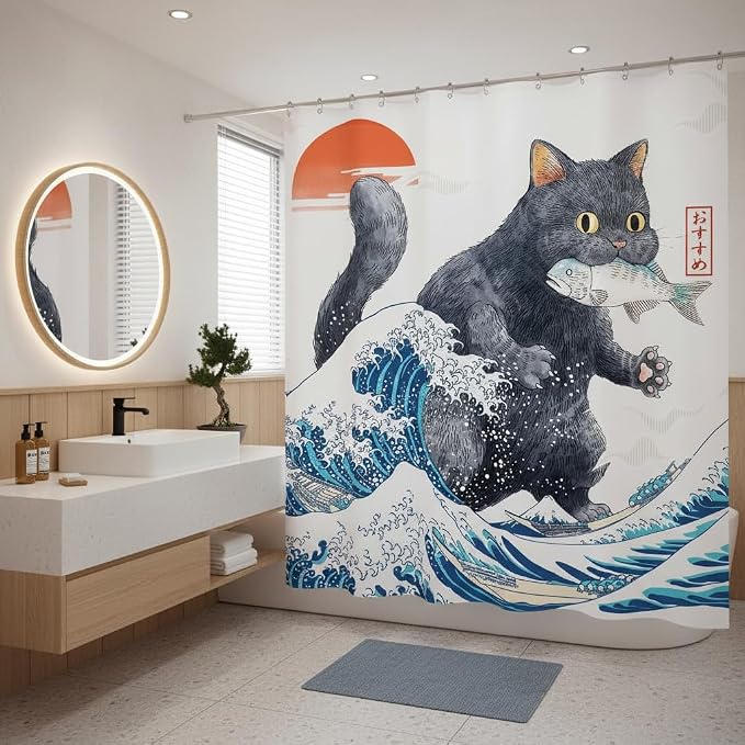 Accnicc Funny Black Cat Shower Curtain for Bathroom 72 X 72 Inch | Fun Cool Cat Monster Shower Curtains, Japanese Ocean Wave Kids Bath Curtain Decor, Water-Resistant Washable Polyester Fabric