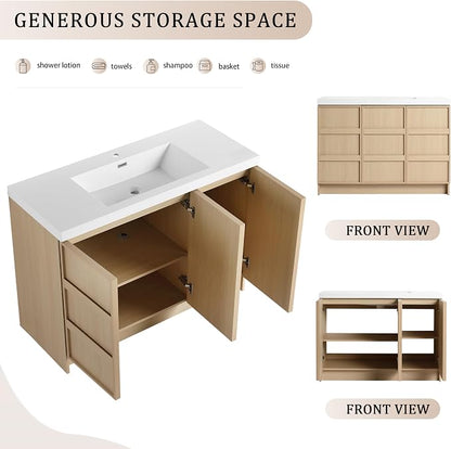 48-Inch Bathroom Vanity with Sink Mid-Century Bathroom Vanities with Top Basin Floor Wood Bathroom Sink Cabinet with Soft-Close Doors & Adjustable Storage Shelves (Oak)