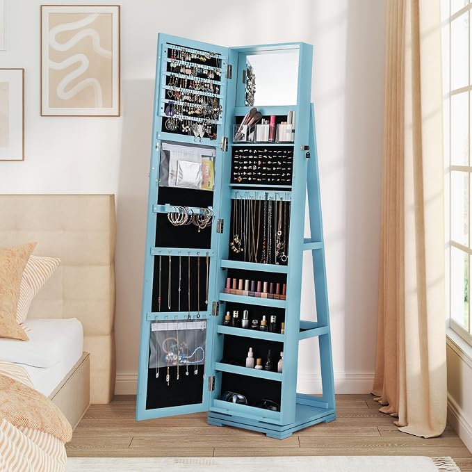 GOFLAME 360° Rotating Jewelry Armoire, Lockable Jewelry Cabinet with Full-Length Mirror & Inner Makeup Mirror, Standing Jewelry Storage Organizer with Rear Storage Shelves, Sky Blue