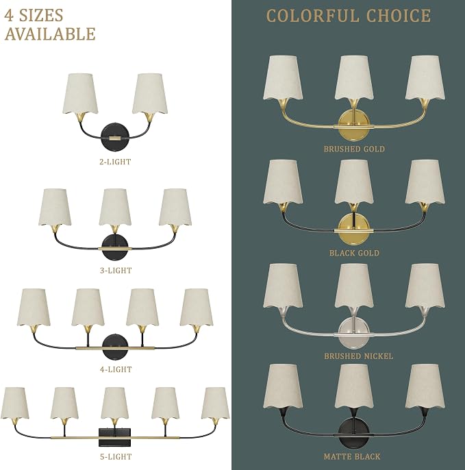 Morauroral Bathroom Light Fixtures Over Mirror, 2 Light Vanity Light for Bathroom, Black Gold Vanity Light Fixtures with Fabric Linen Shade, E26 Socket Sconce Wall Decor(ETL Listed)