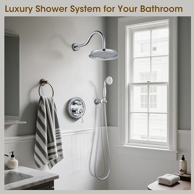 Rain Shower Head with Handheld Spray, Rainfall Shower System with Rough-in Valve, Shower Faucet Set with Pressure Balance Valve, 9 Inch Luxury Shower Trim Kit Wall Mount, Polished Chrome