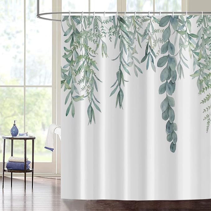 Botanical Shower Curtains, Watercolor Eucalyptus Leaf Plant Green Bathroom Curtain for Bathtub Home Decoration Waterproof Fabric Machine Washable with 12 Hooks, 72''Lx36''W (GCI-10467)