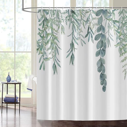 Botanical Shower Curtains, Watercolor Eucalyptus Leaf Plant Green Bathroom Curtain for Bathtub Home Decoration Waterproof Fabric Machine Washable with 12 Hooks, 72''Lx36''W (GCI-10467)