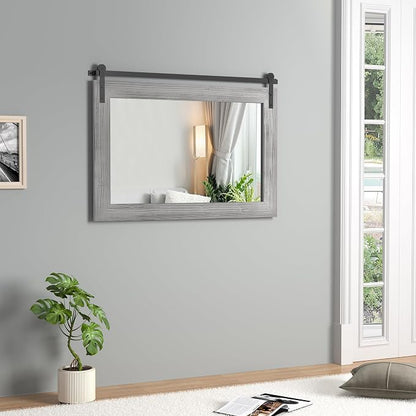 COGOOD Farmhouse Bathroom Mirrors for Over Sink - 30 x 41 Grey | Rustic Barn Door Wood Framed Vanity Mirror for Entryway, Living Room, Bedroom, Dresser Wall Decor