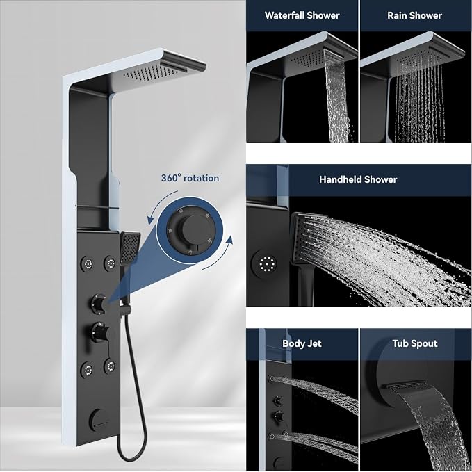 ELLO&ALLO Shower Panel Tower System with Shelf, Rainfall Shower Head and Rain Massage System with Body Jets, Stainless Steel Bathroom Fixtures, Matte Black&Slive