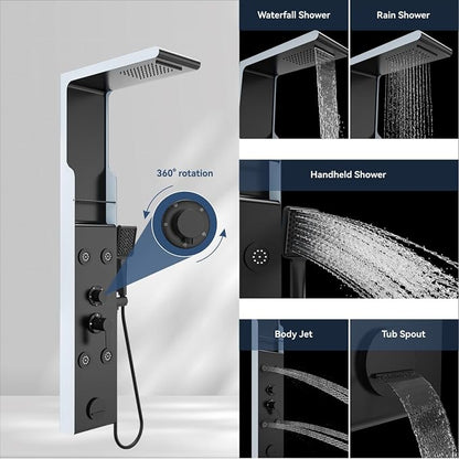 ELLO&ALLO Shower Panel Tower System with Shelf, Rainfall Shower Head and Rain Massage System with Body Jets, Stainless Steel Bathroom Fixtures, Matte Black&Slive