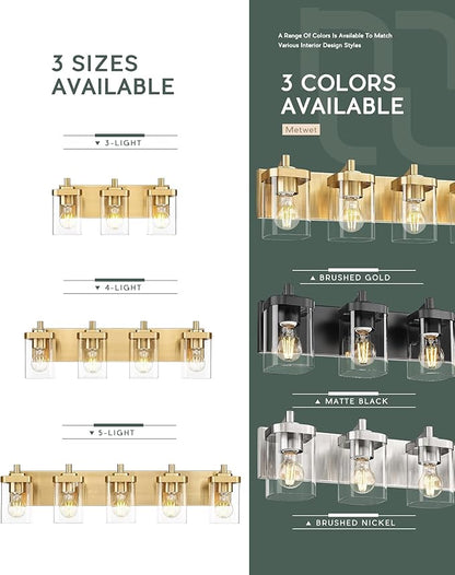 Bathroom Light Fixtures Over Mirror, 3-Light Brushed Gold Vanity Light with Square Clear Glass Shade, Modern Wall Sconces, Vanity Lighting Fixtures, VL194-BG-3
