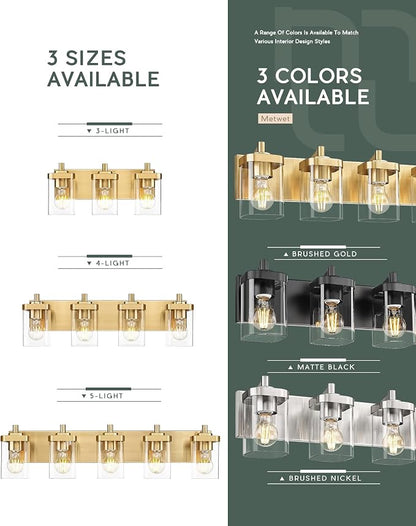 5-Light Brushed Gold Bathroom Vanity Light, Square Clear Glass Shade | Ideal for 34-46" mirrors, 30.5" modern bathroom light fixtures over mirror, E26 base, bulbs not included, VL194-BG-5