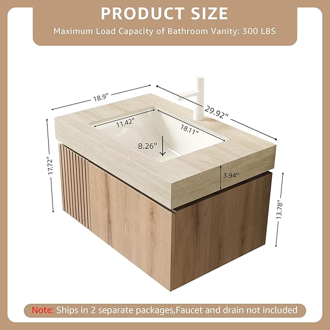 30” Floating Bathroom Vanity with Sink, Wall-Mounted Cabinet with Drawer & Doors, Roma Travertine-Pattern Countertop, Undermount Basin, Single Faucet Hole, Soft-Close, Pre-Assembled, Light Oak