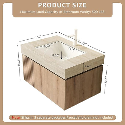30” Floating Bathroom Vanity with Sink, Wall-Mounted Cabinet with Drawer & Doors, Roma Travertine-Pattern Countertop, Undermount Basin, Single Faucet Hole, Soft-Close, Pre-Assembled, Light Oak